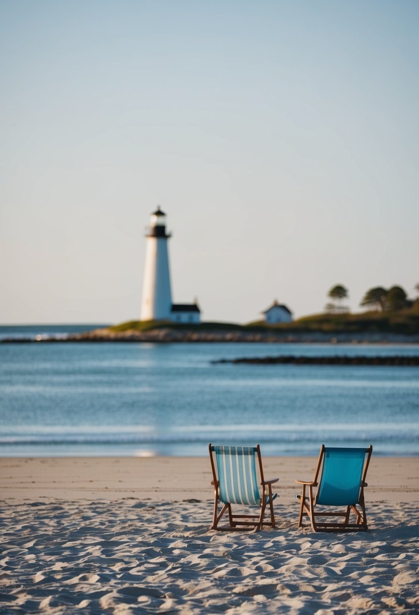 A serene beach at Nantucket, Massachusetts with a lighthouse in the distance and a couple of beach chairs and umbrellas set up on the sand