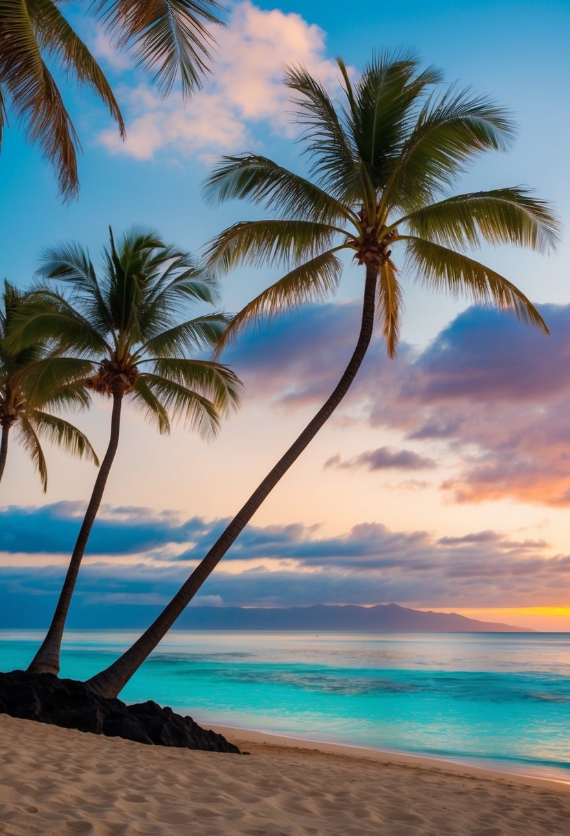 A serene beach with palm trees, crystal clear water, and a colorful sunset in Maui, Hawaii