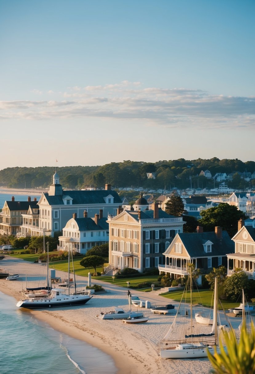 A picturesque coastal town with historic mansions, sailboats, and sandy beaches, perfect for a romantic getaway