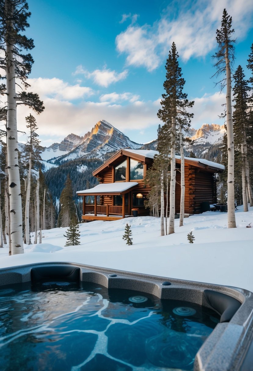 A cozy cabin nestled among snow-covered aspen trees, with a bubbling hot tub and a view of the majestic Rocky Mountains
