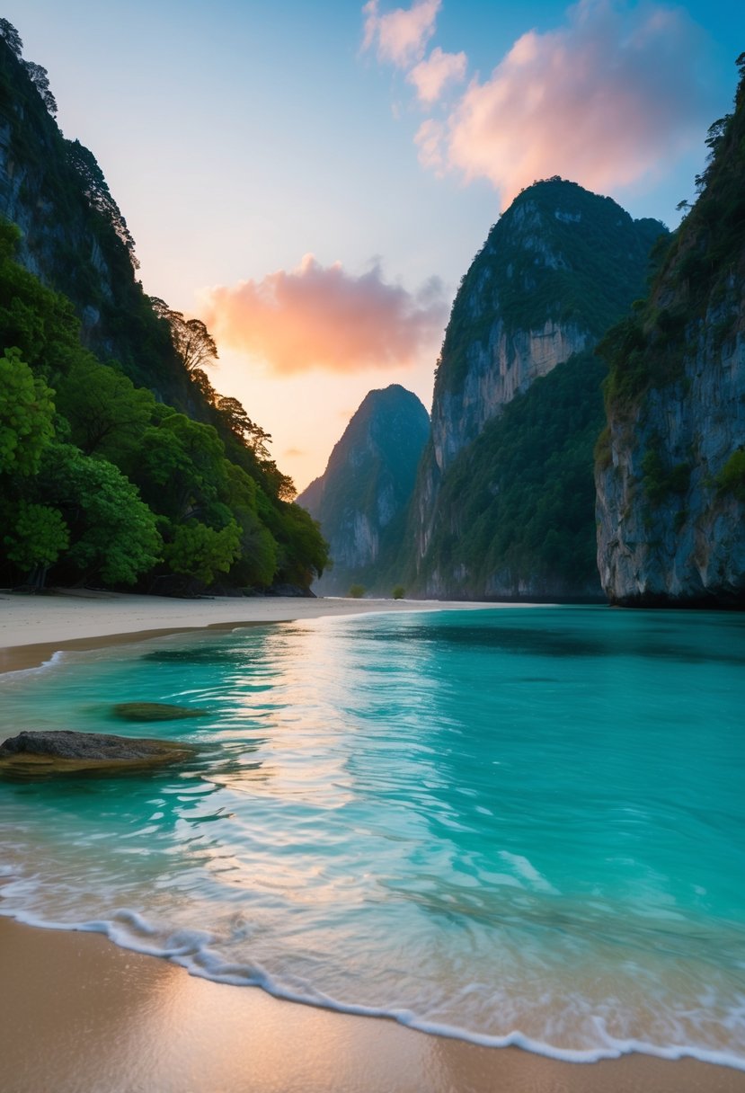 A secluded beach with crystal-clear water and lush greenery, surrounded by towering cliffs and a colorful sunset