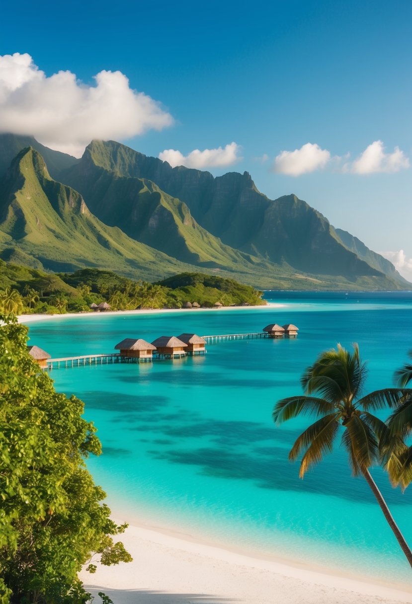 Lush green mountains surround crystal-clear turquoise waters, with overwater bungalows dotting the horizon. Palm trees sway in the gentle breeze on the white sandy beaches of Bora Bora, French Polynesia