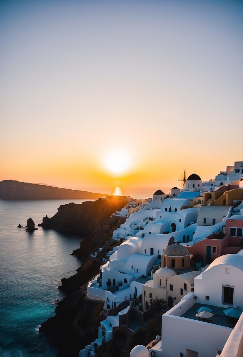 The sun sets over the iconic white buildings of Santorini, casting a warm glow over the turquoise waters and volcanic cliffs