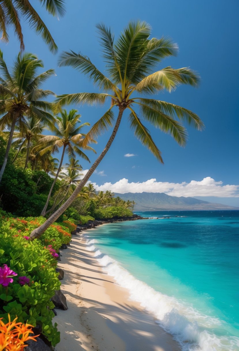 Lush tropical forest meets crystal-clear ocean at Maui's nature honeymoon destination. Palm trees sway in the breeze, while colorful flowers bloom along the shoreline