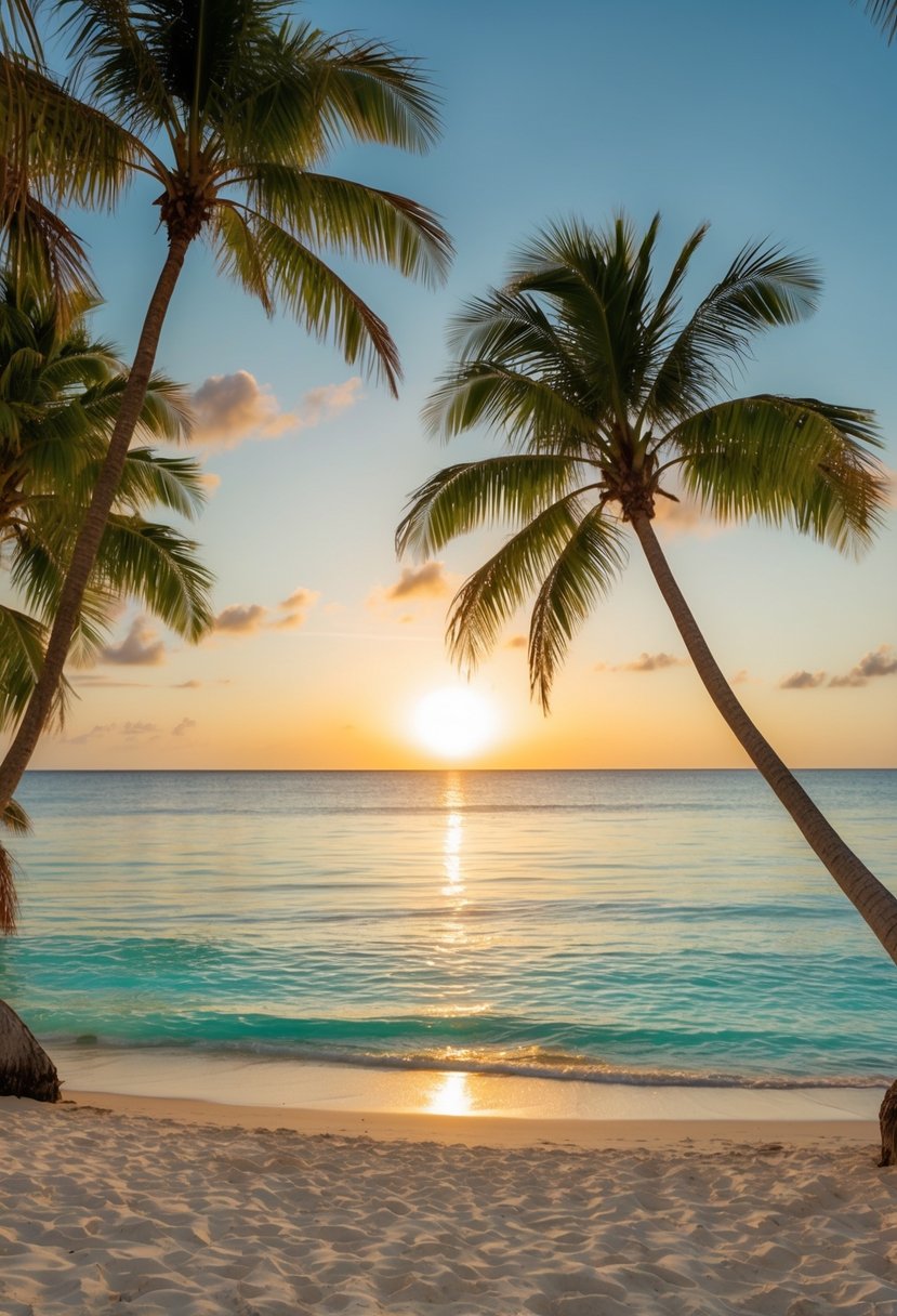 Tropical beach with crystal-clear water, palm trees, and white sand. Sun setting over the horizon, creating a warm and romantic atmosphere