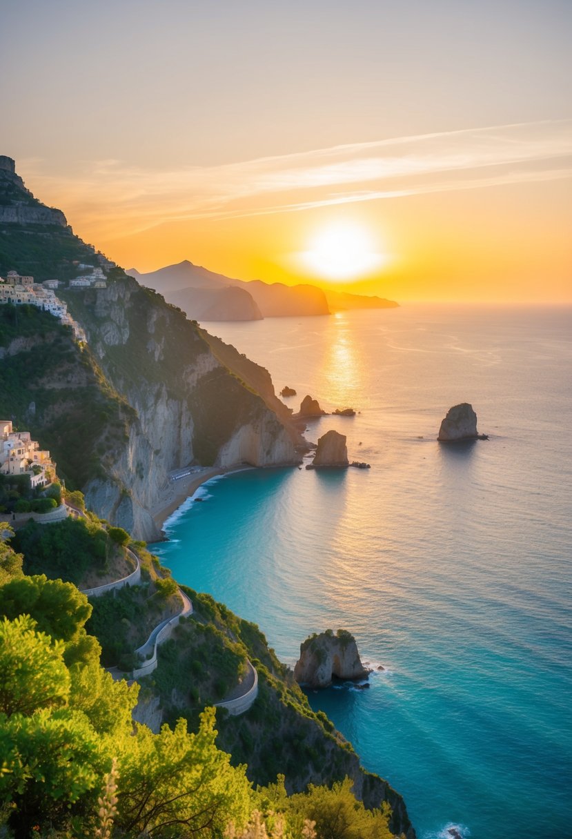 The sun sets over the rugged cliffs of the Amalfi Coast, casting a warm glow on the turquoise waters and lush, green landscape
