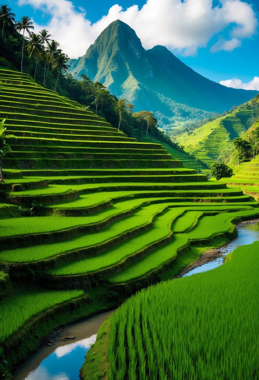 Lush green rice terraces cascade down the mountainside, surrounded by tropical forests and overlooked by towering volcanic peaks. A serene river winds through the landscape, reflecting the vibrant blue sky above