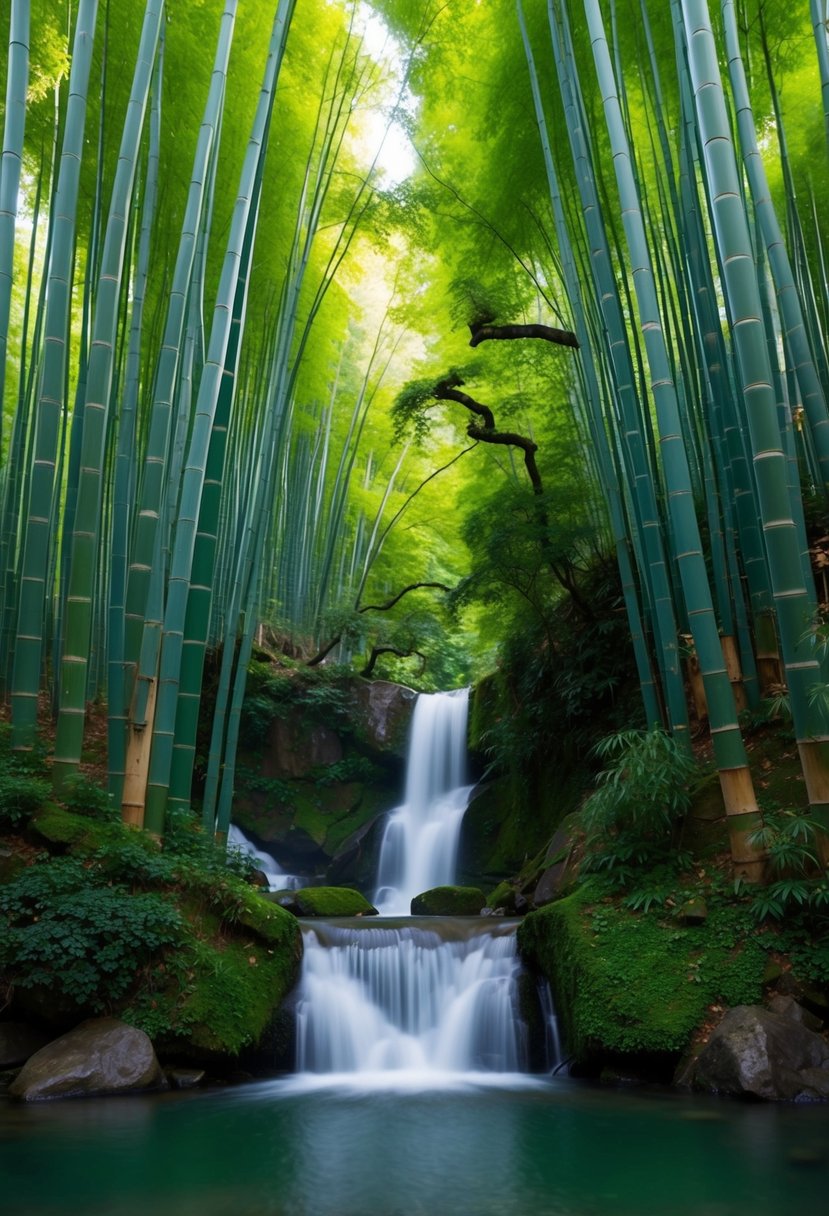 Lush green bamboo forest with a serene waterfall in Kyoto, Japan