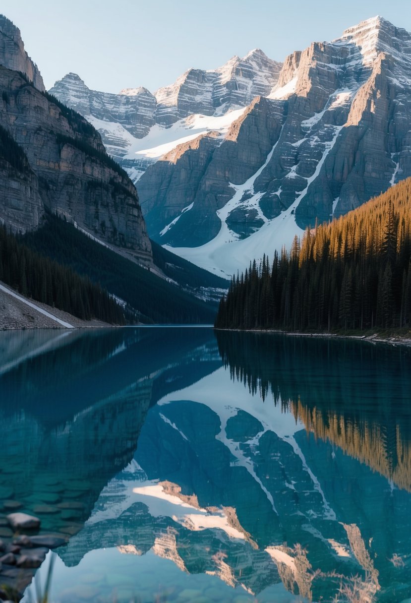 A serene mountain lake with crystal-clear water reflecting the surrounding snow-capped peaks, pine trees, and a tranquil atmosphere in Banff, Canada