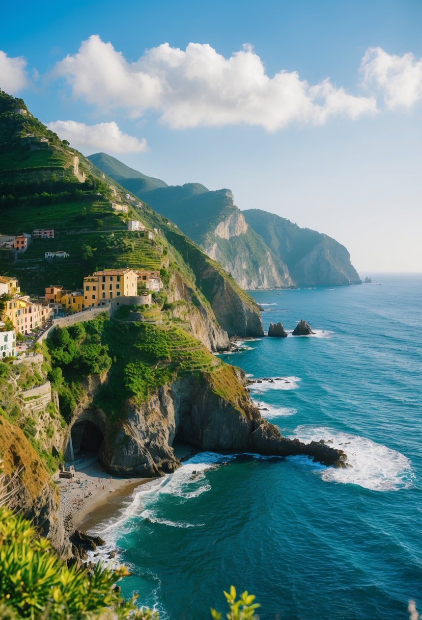 Lush green cliffs overlook crystal blue waters in Cinque Terre, Italy. Waves crash against the rugged coastline, creating a serene and picturesque natural scene