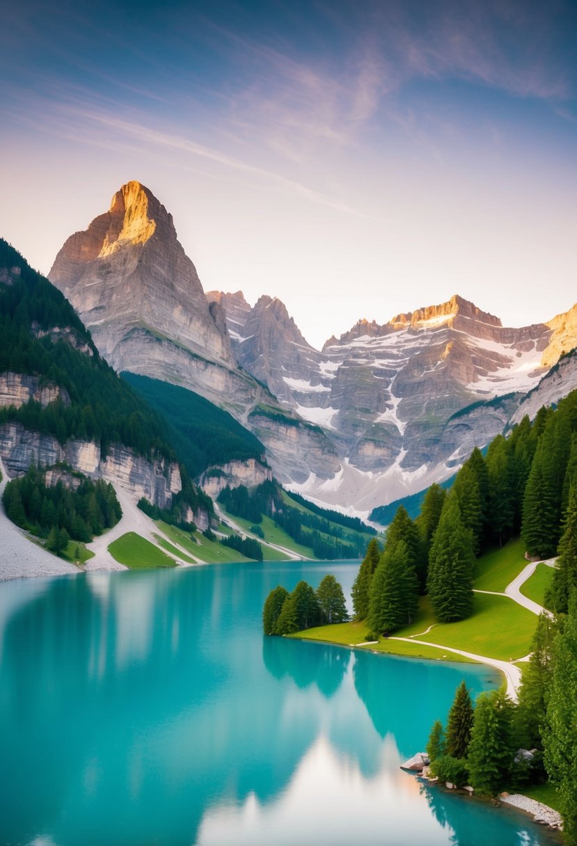 A serene alpine lake nestled among towering peaks and lush greenery in the Swiss Alps