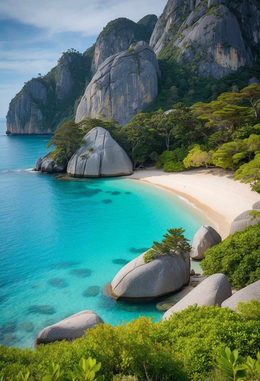 A pristine beach with turquoise waters, lush greenery, and towering granite boulders, surrounded by a tranquil and untouched natural landscape