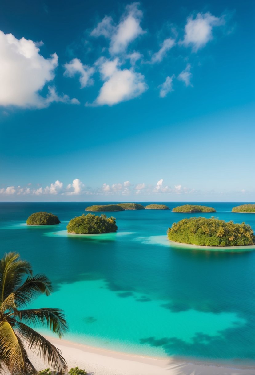 Turquoise waters surround lush green islands under a clear blue sky, with white sandy beaches and palm trees