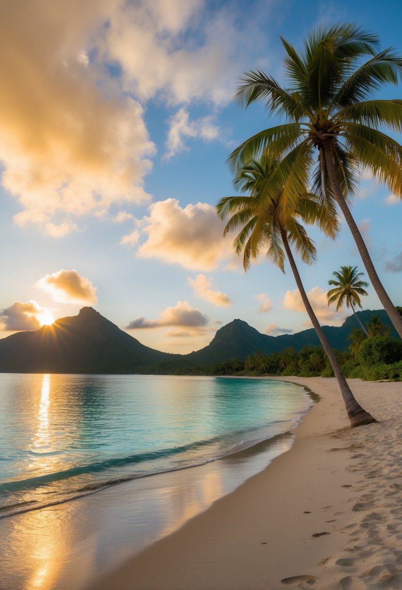 A serene beach at sunset, palm trees swaying in the gentle breeze, crystal clear waters reflecting the golden sky, and lush green mountains in the distance