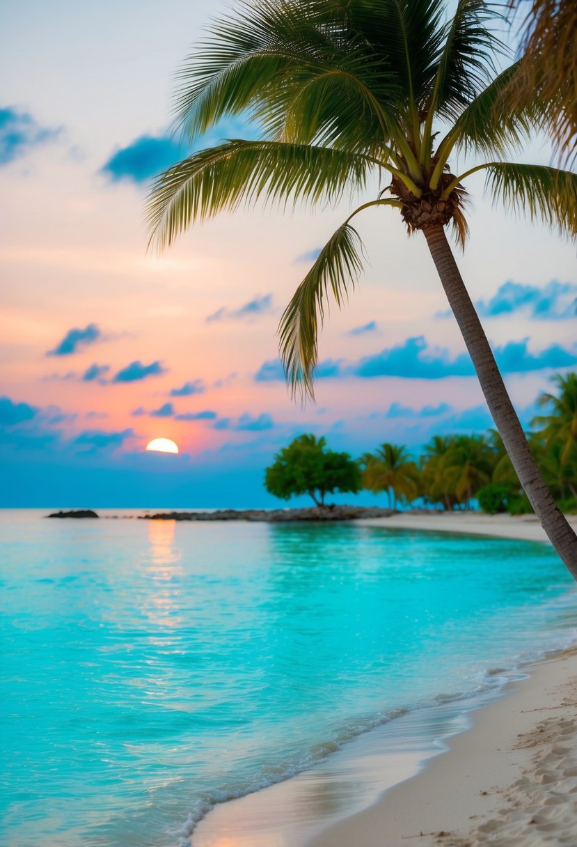 A secluded beach with crystal-clear turquoise water, palm trees, and a colorful sunset over the horizon