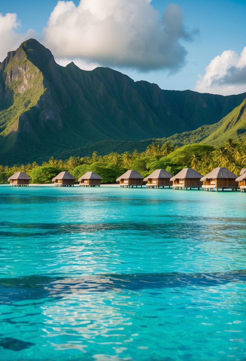 A tranquil, crystal-clear lagoon surrounded by lush, green mountains and overwater bungalows in Bora Bora, French Polynesia