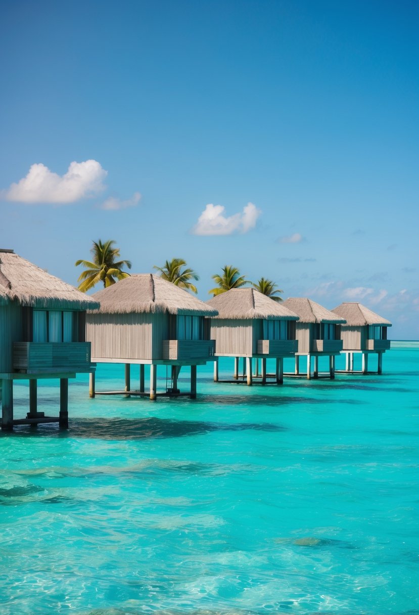 A cluster of overwater bungalows on stilts above crystal-clear turquoise waters in the Maldives, with palm trees and a clear blue sky in the background