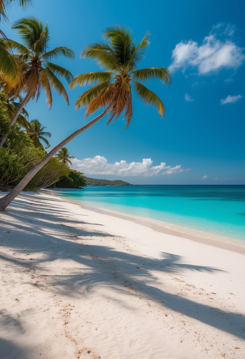 Turquoise water meets white sand on Seychelles' remote beach. Palm trees sway in the gentle breeze, creating a serene and romantic honeymoon destination