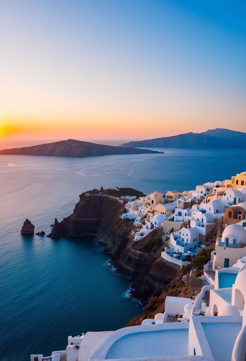 The sun sets over the turquoise waters of Santorini's Caldera, with white-washed buildings perched on the cliffside