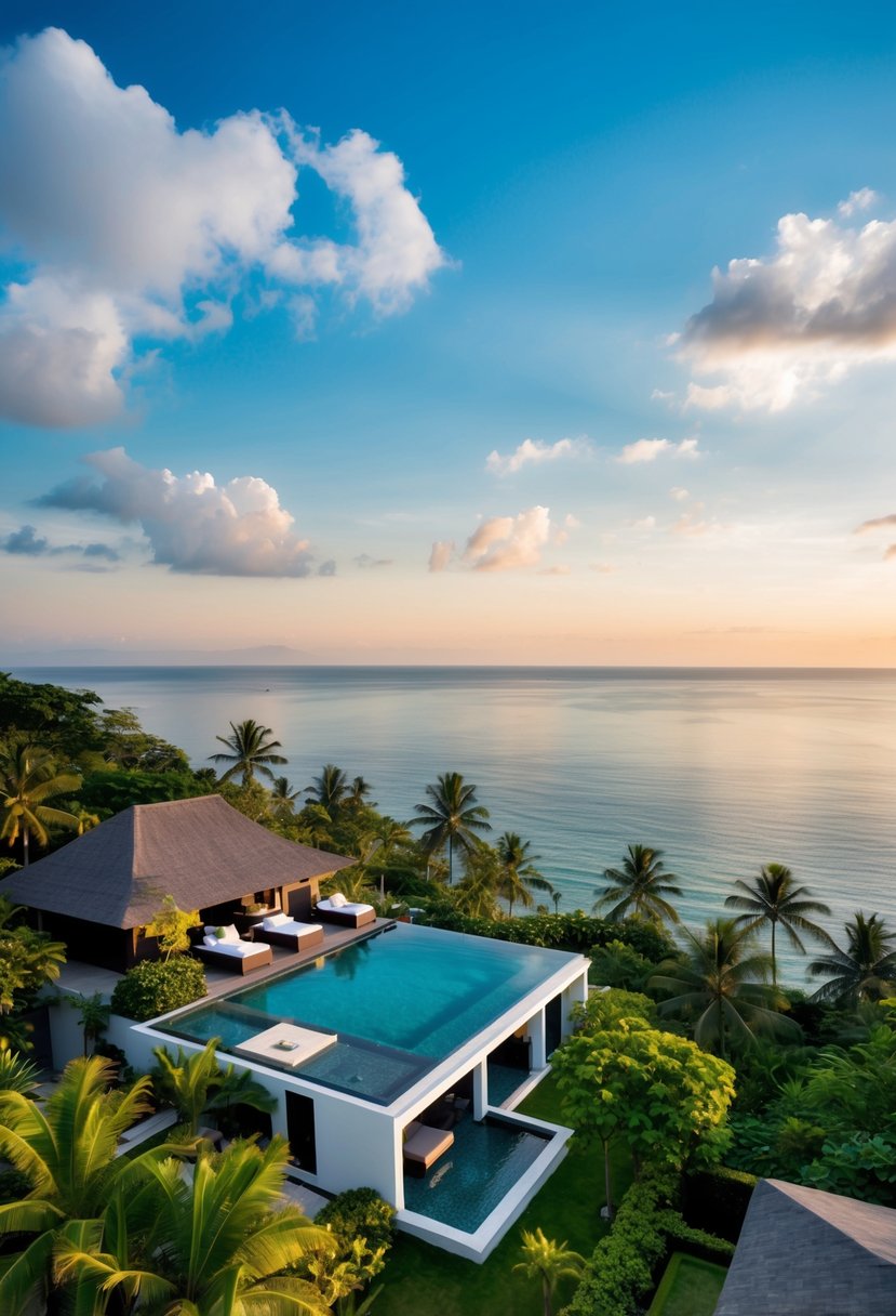 Aerial view of Bali's secluded oceanfront villas nestled among lush tropical greenery with private infinity pools and stunning views of the Indonesian coastline