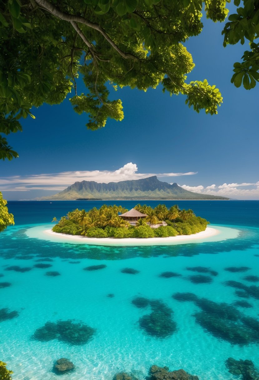 A serene, secluded private island in Fiji, surrounded by crystal-clear turquoise waters and lush greenery