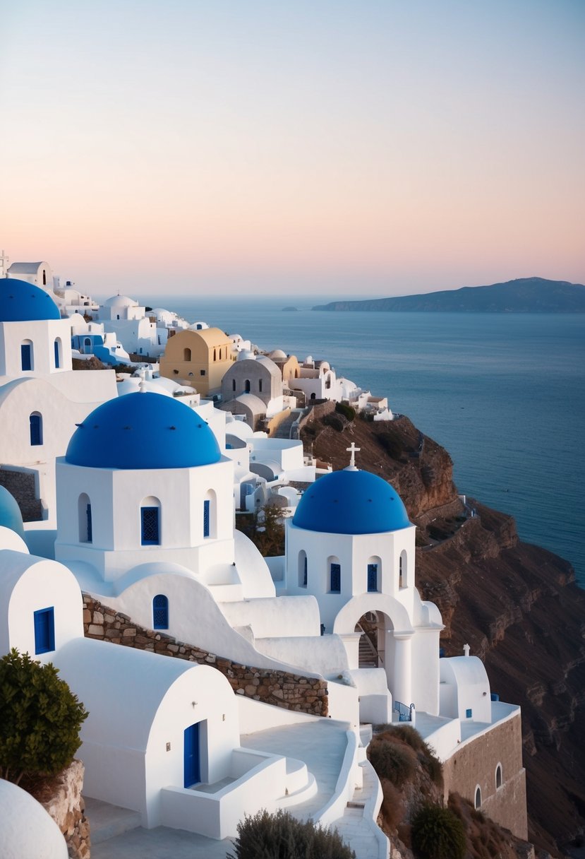 A whitewashed village perched on cliffs, with blue domed churches overlooking the Aegean Sea