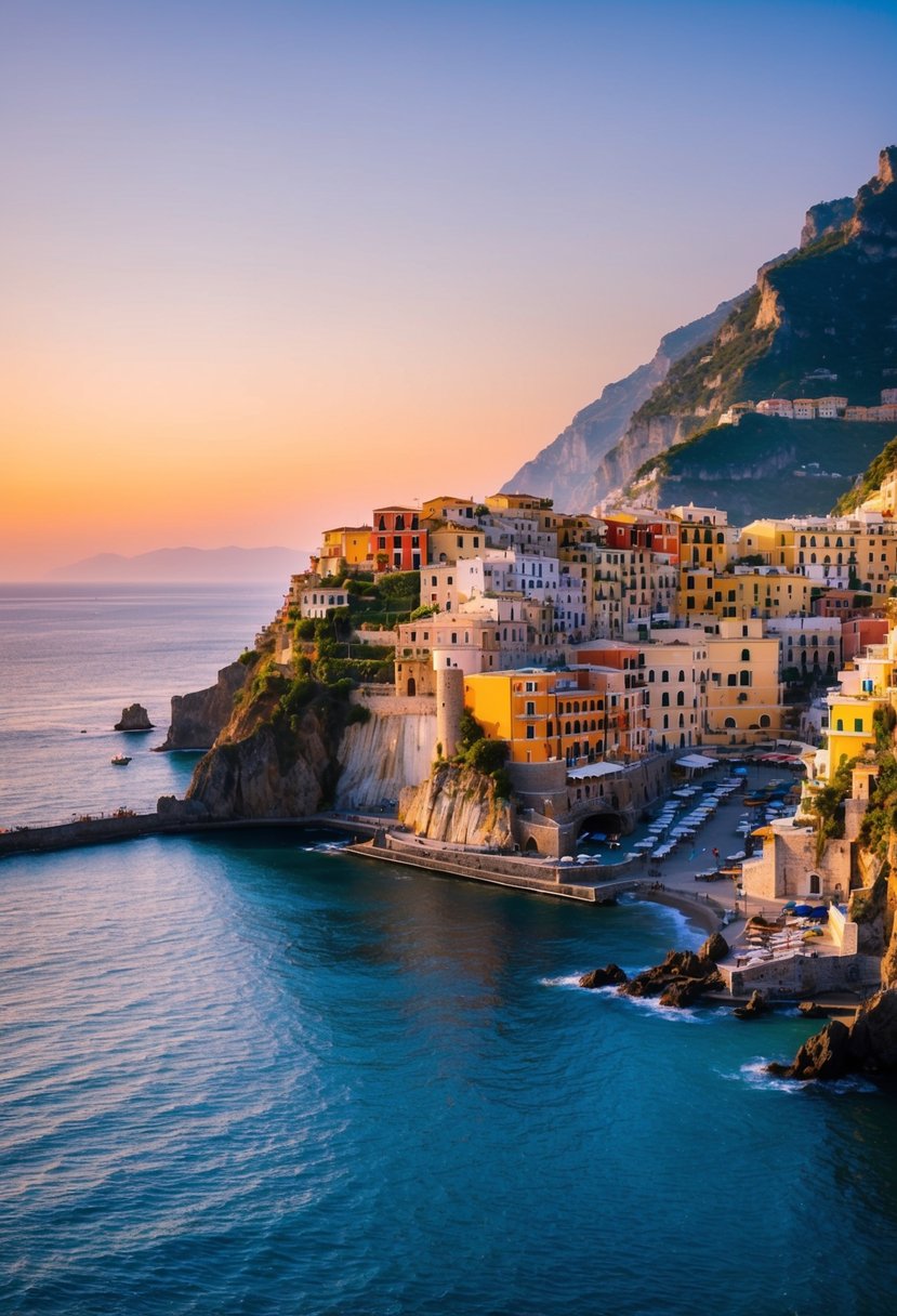 The sun sets over the Amalfi Coast, casting a warm glow on the colorful cliffside villages and the sparkling blue waters of the Mediterranean Sea