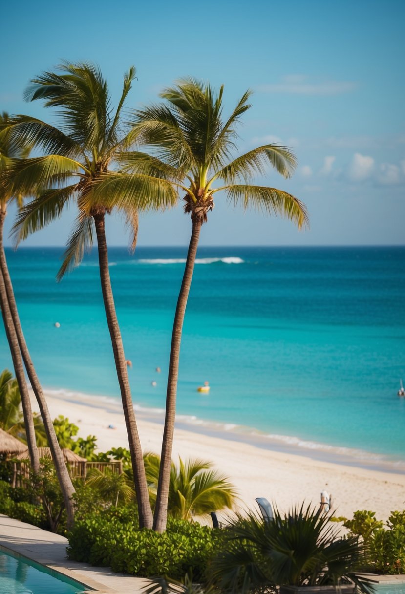 A serene beachfront resort in Tulum, Mexico overlooks the turquoise ocean, with palm trees swaying in the gentle breeze