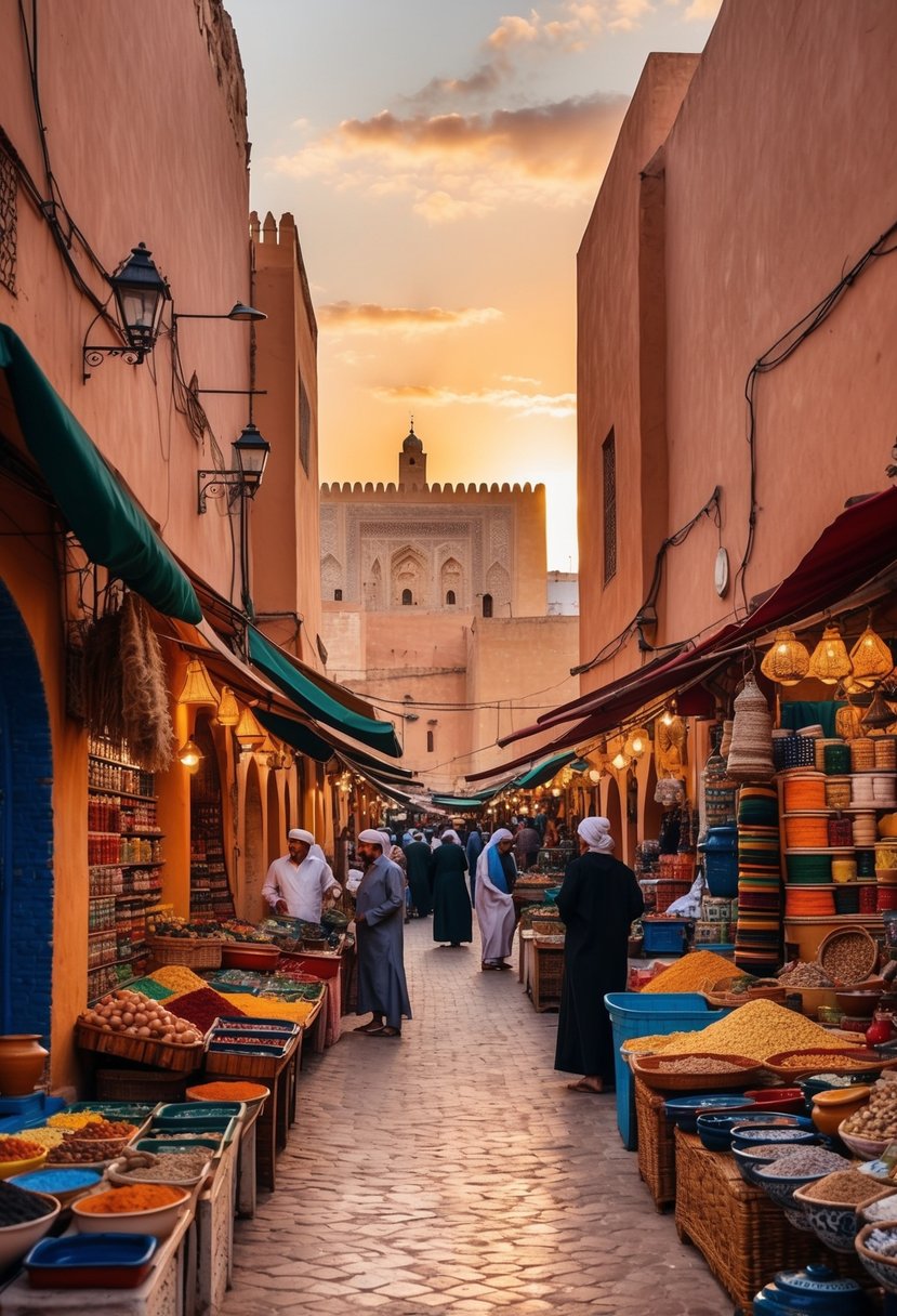 A colorful market in Fez, Morocco, with narrow alleys, bustling with vendors selling spices, textiles, and pottery, while the sun sets over the ancient city