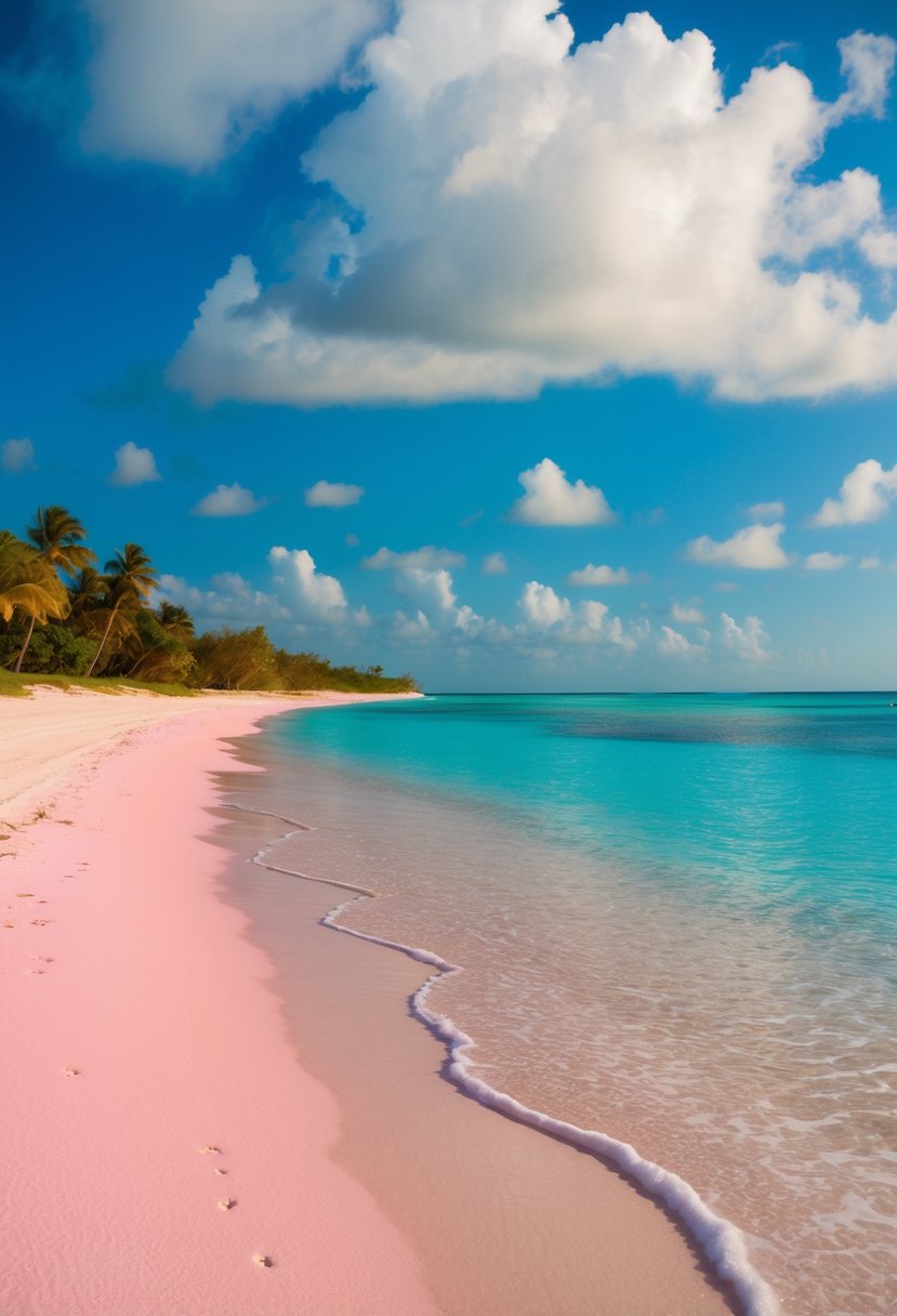 Pink sand beaches stretch along crystal clear ocean waters in the Bahamas, creating a picturesque honeymoon destination