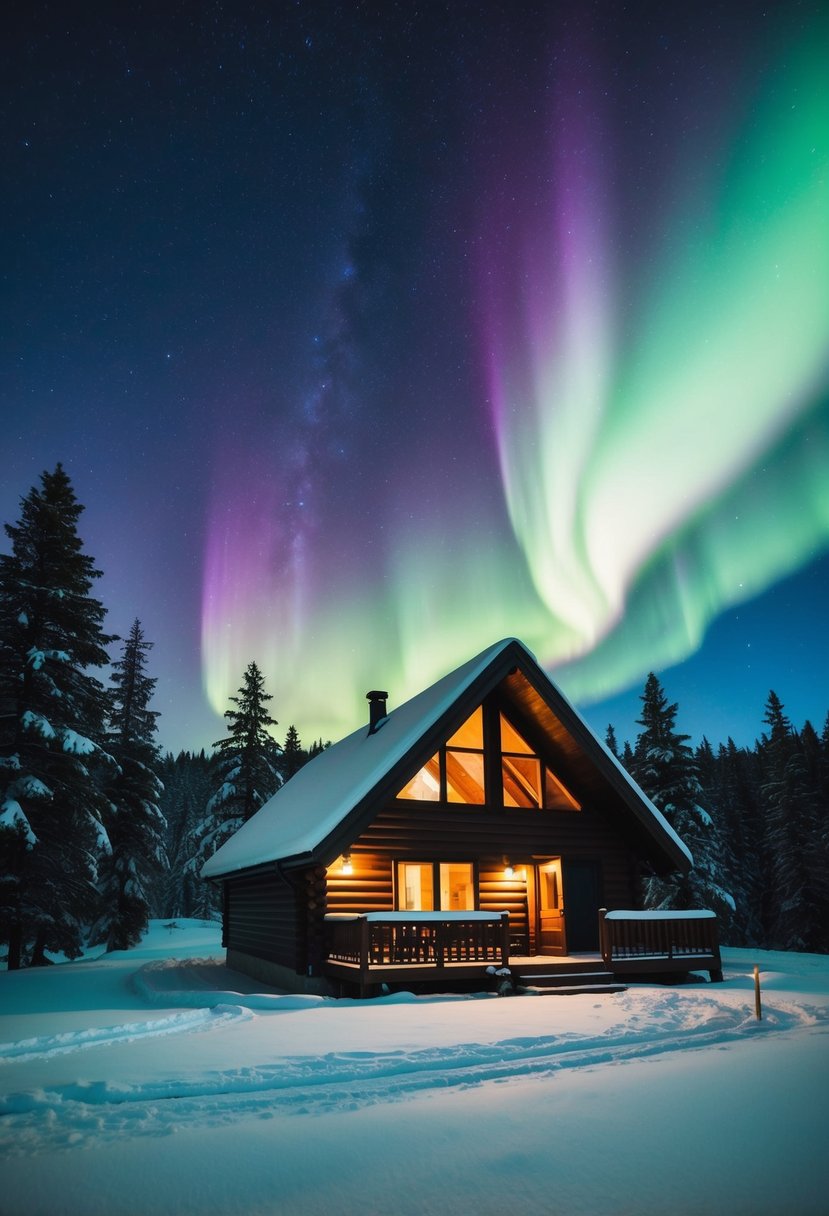 A cozy cabin nestled in a snowy forest, with the northern lights dancing in the sky above