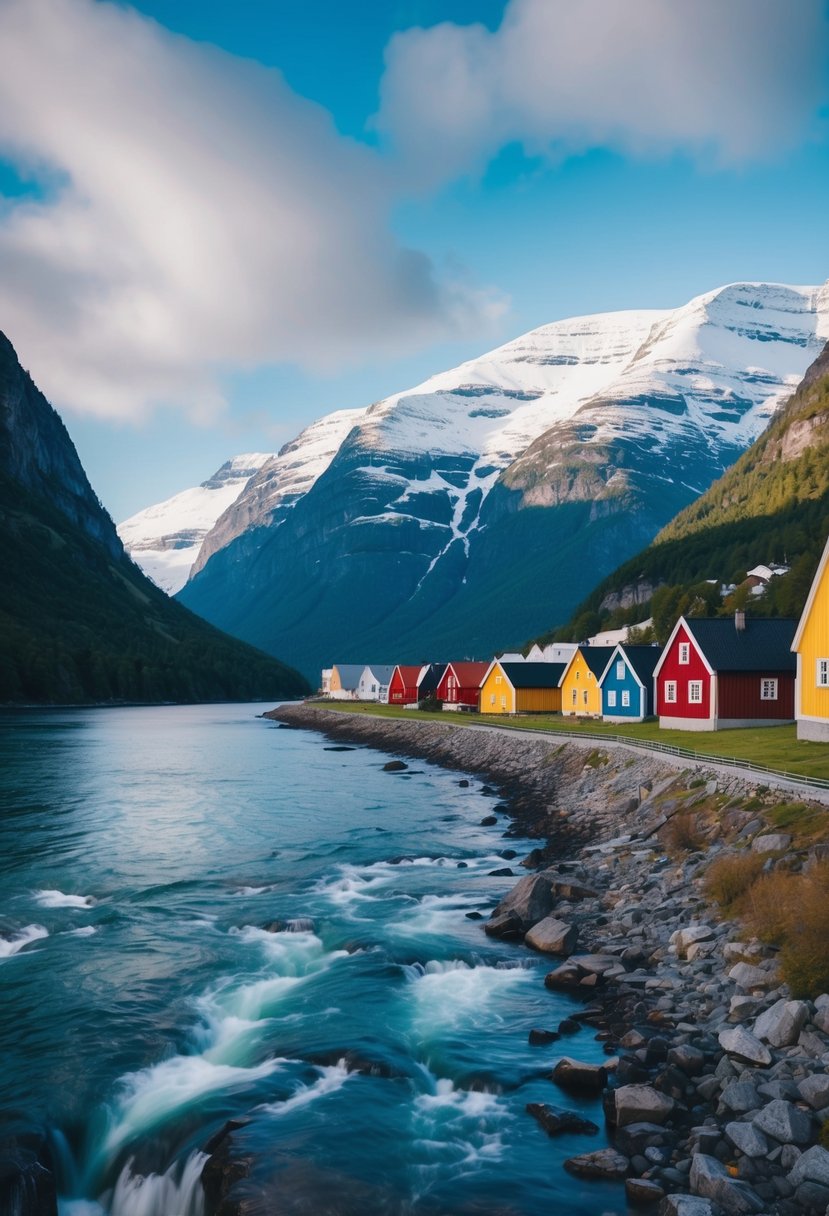 A picturesque fjord in Norway with snow-capped mountains, cascading waterfalls, and colorful wooden houses lining the shore