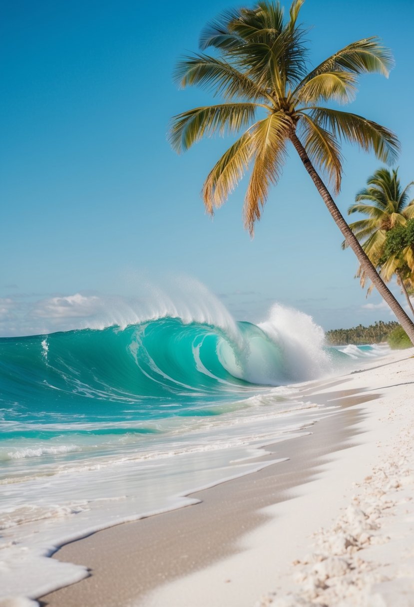 Turquoise waves crash against white sandy beach with lush palm trees and a clear blue sky