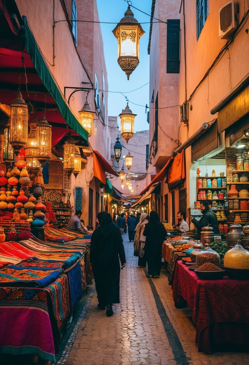 A bustling souk in Marrakech, with colorful textiles, intricate lanterns, and the scent of spices filling the air