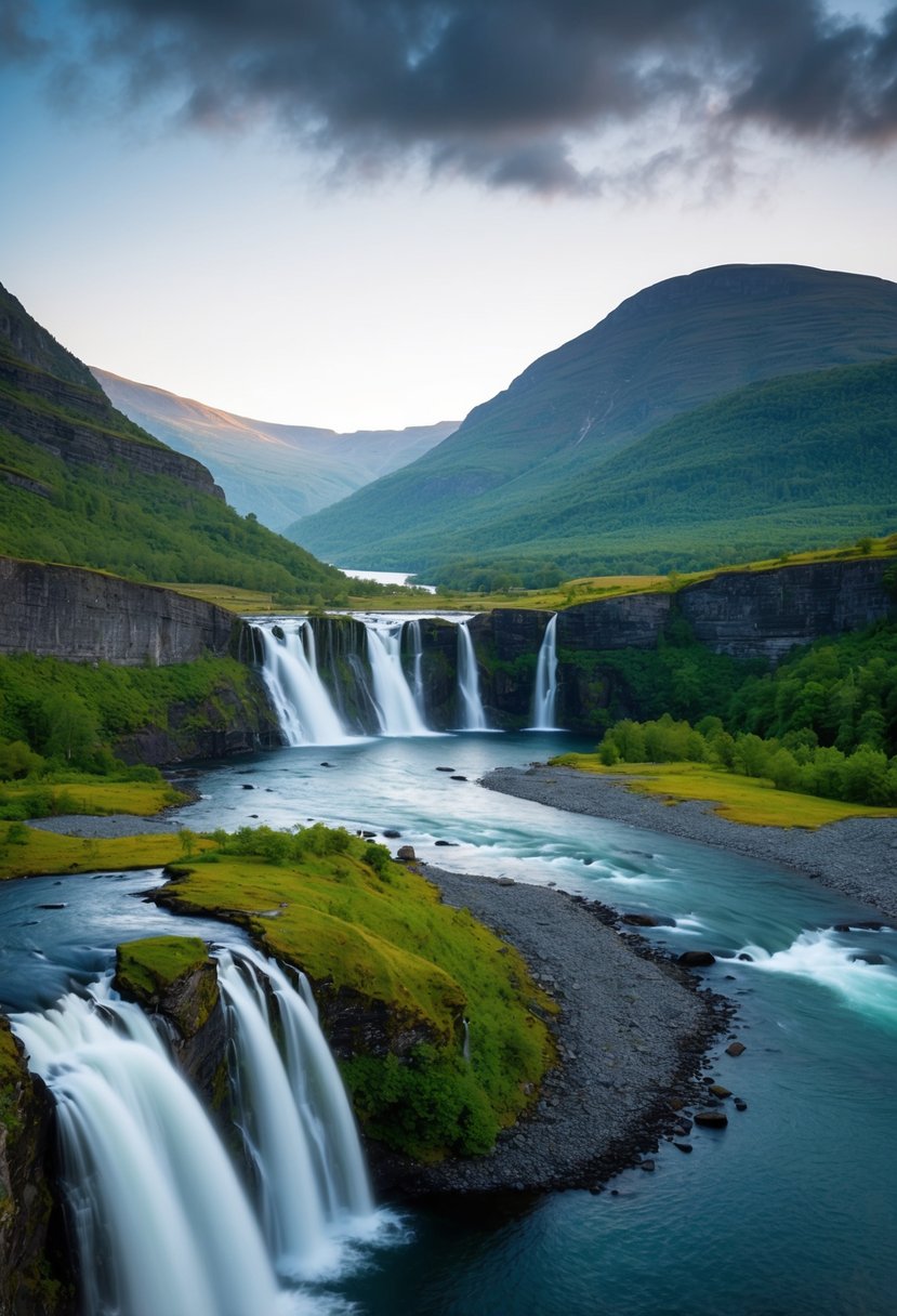 A serene Geirangerfjord landscape with cascading waterfalls and lush green mountainside
