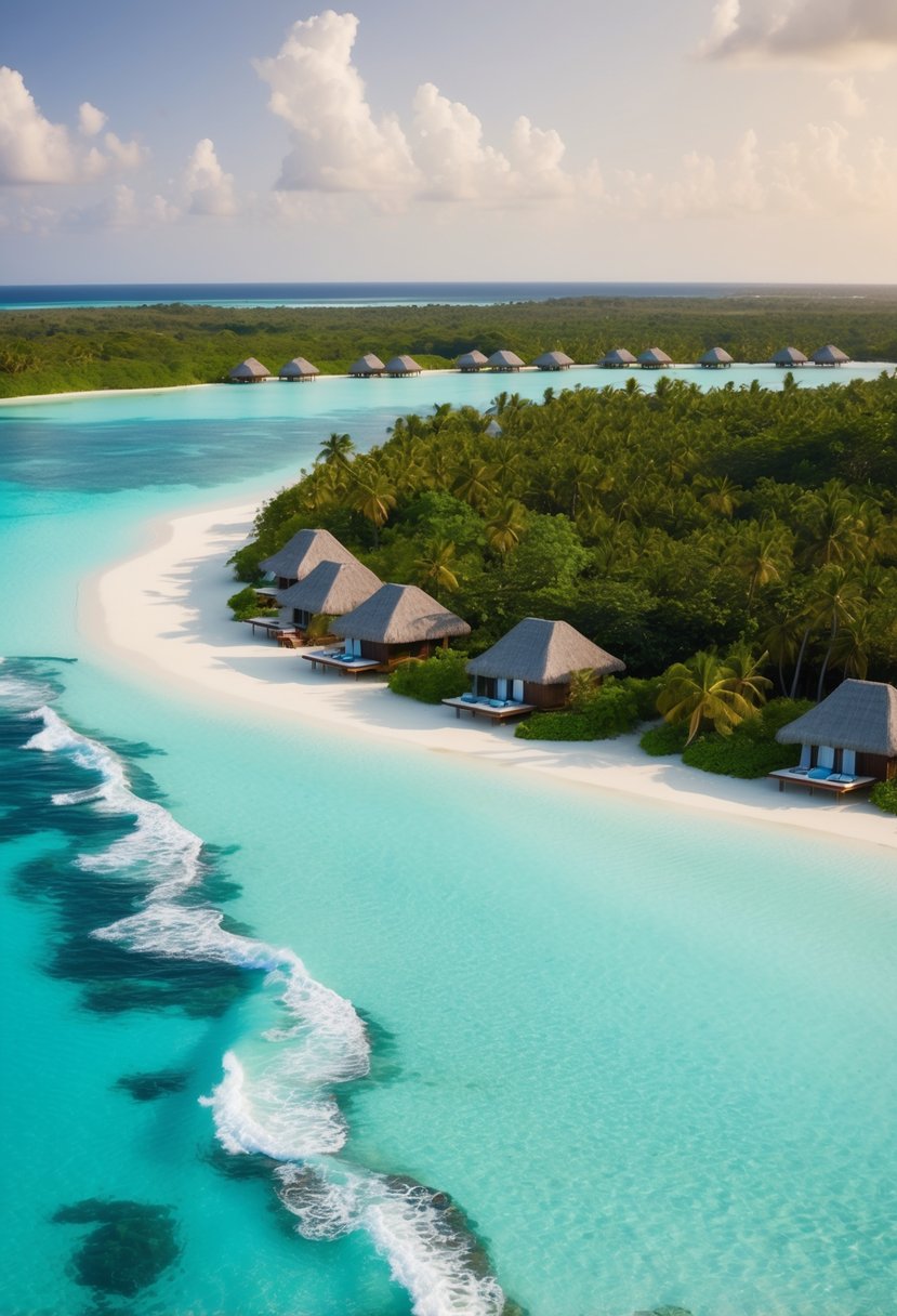 Crystal-clear lagoons surrounded by lush greenery, with overwater bungalows dotting the horizon. Gentle waves lap against the shore, creating a serene and romantic atmosphere