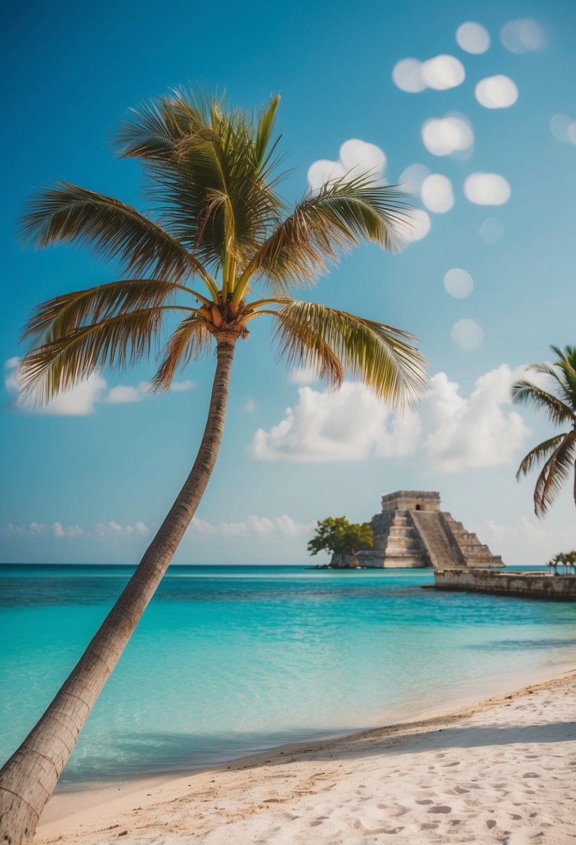A serene beach at Tulum, Mexico with crystal-clear waters, palm trees, and ancient Mayan ruins in the background