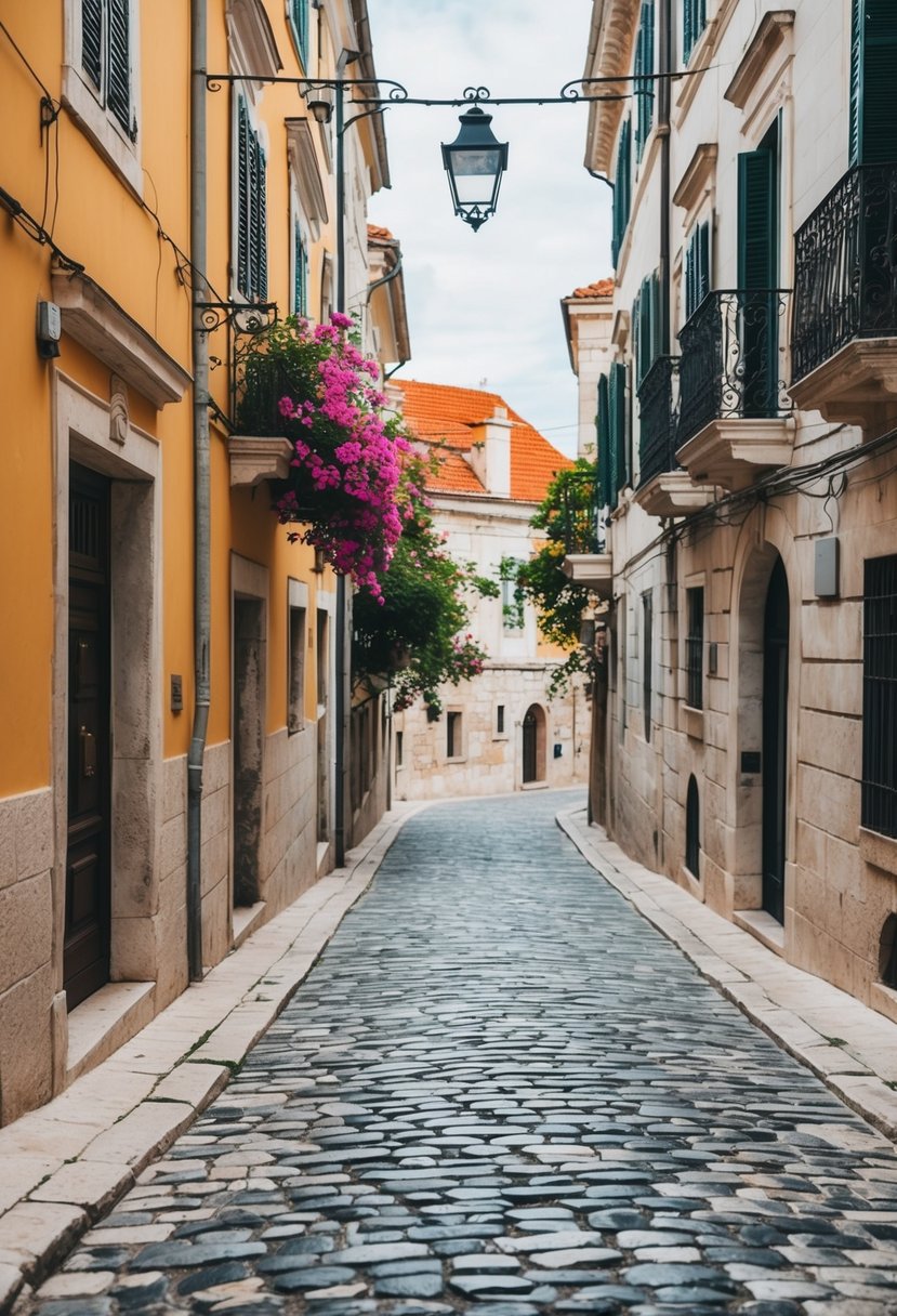 A charming cobblestone street in Split, Croatia, lined with colorful, historic buildings and blooming flowers, leading to a romantic offbeat honeymoon destination