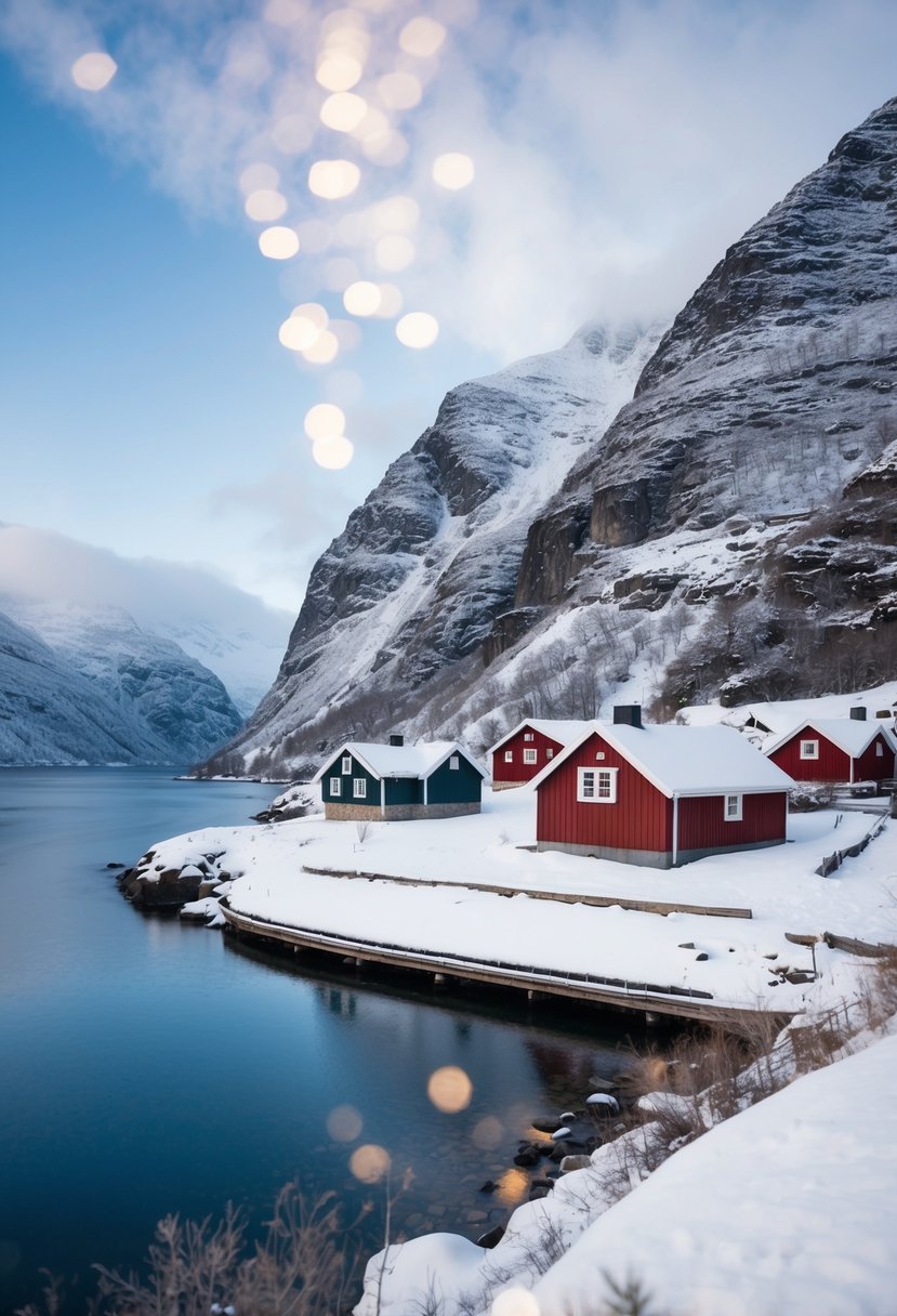 A cozy cabin nestled among snow-covered mountains and fjords in Tromsø, Norway