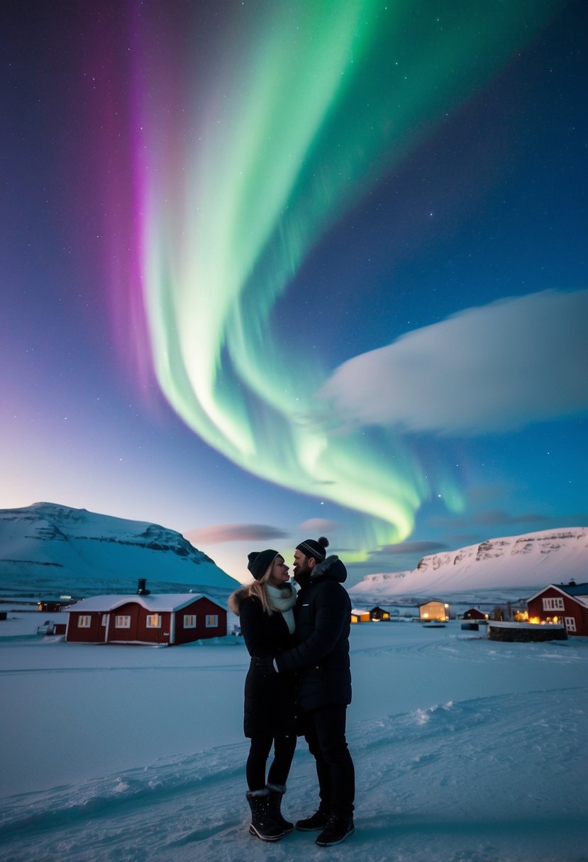 A couple stands under the Northern Lights in Reykjavik, Iceland, surrounded by snow-covered mountains and a colorful sky