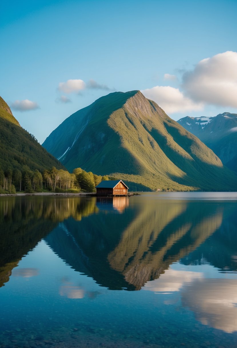 A serene Sognefjord landscape with a charming wooden cabin nestled among lush green mountains, surrounded by calm, glassy waters reflecting the clear blue sky