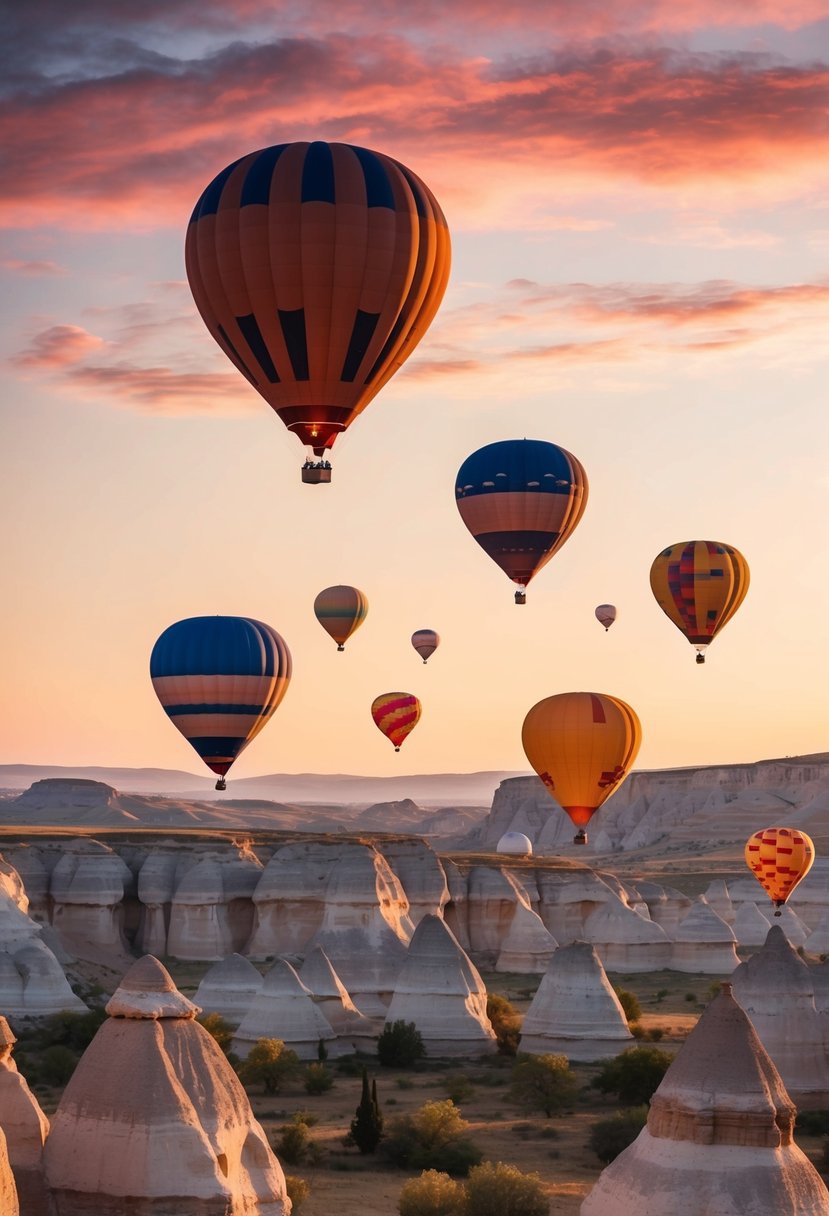 Hot air balloons floating over Cappadocia's unique rock formations at sunrise