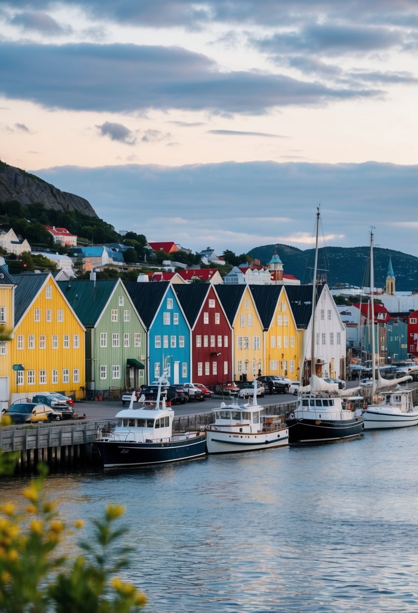 A picturesque view of Ålesund, Norway's charming architecture and scenic waterfront, with colorful buildings and boats lining the harbor