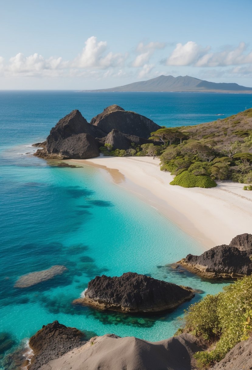 A secluded beach on the Galápagos Islands, with crystal-clear waters, unique wildlife, and volcanic rock formations