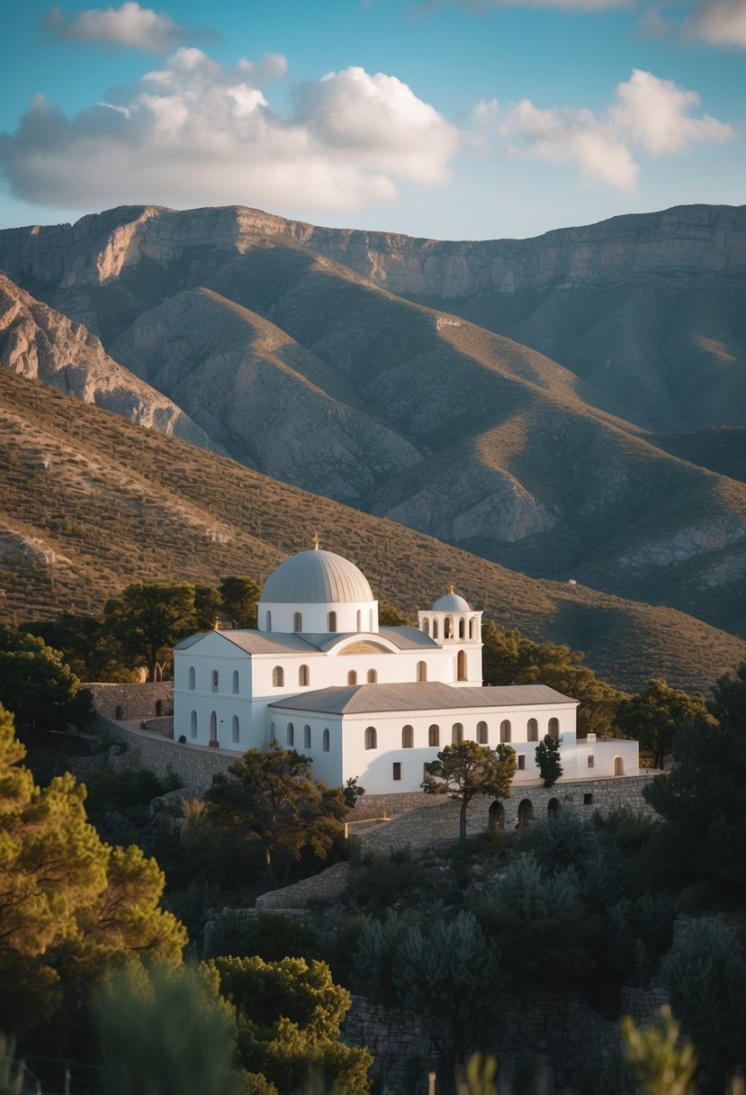 A serene monastery nestled in the rugged Troodos Mountains, surrounded by lush greenery and traditional Cypriot architecture