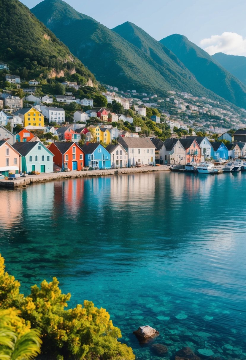 A serene coastal town with colorful houses lining the harbor, surrounded by lush green mountains and crystal-clear waters
