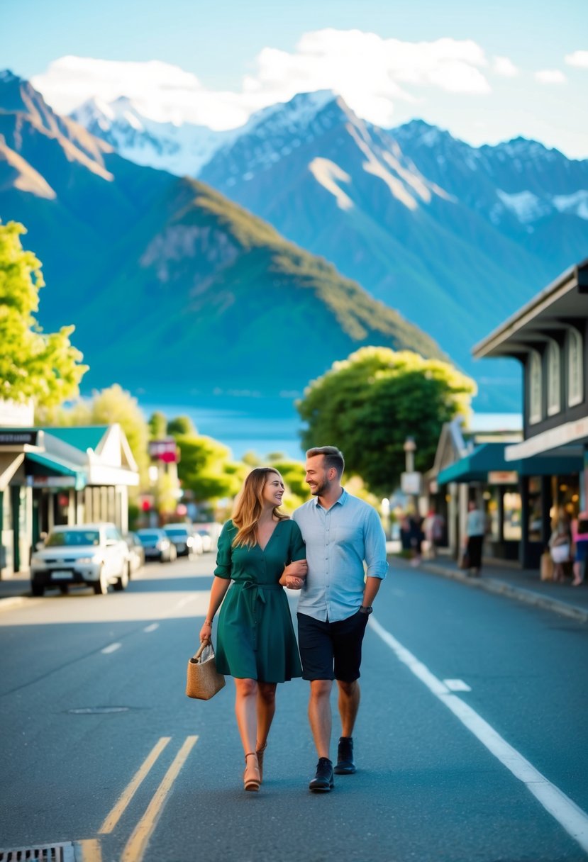 A couple strolling through the vibrant streets of Queenstown, surrounded by lush mountains and crystal-clear lakes