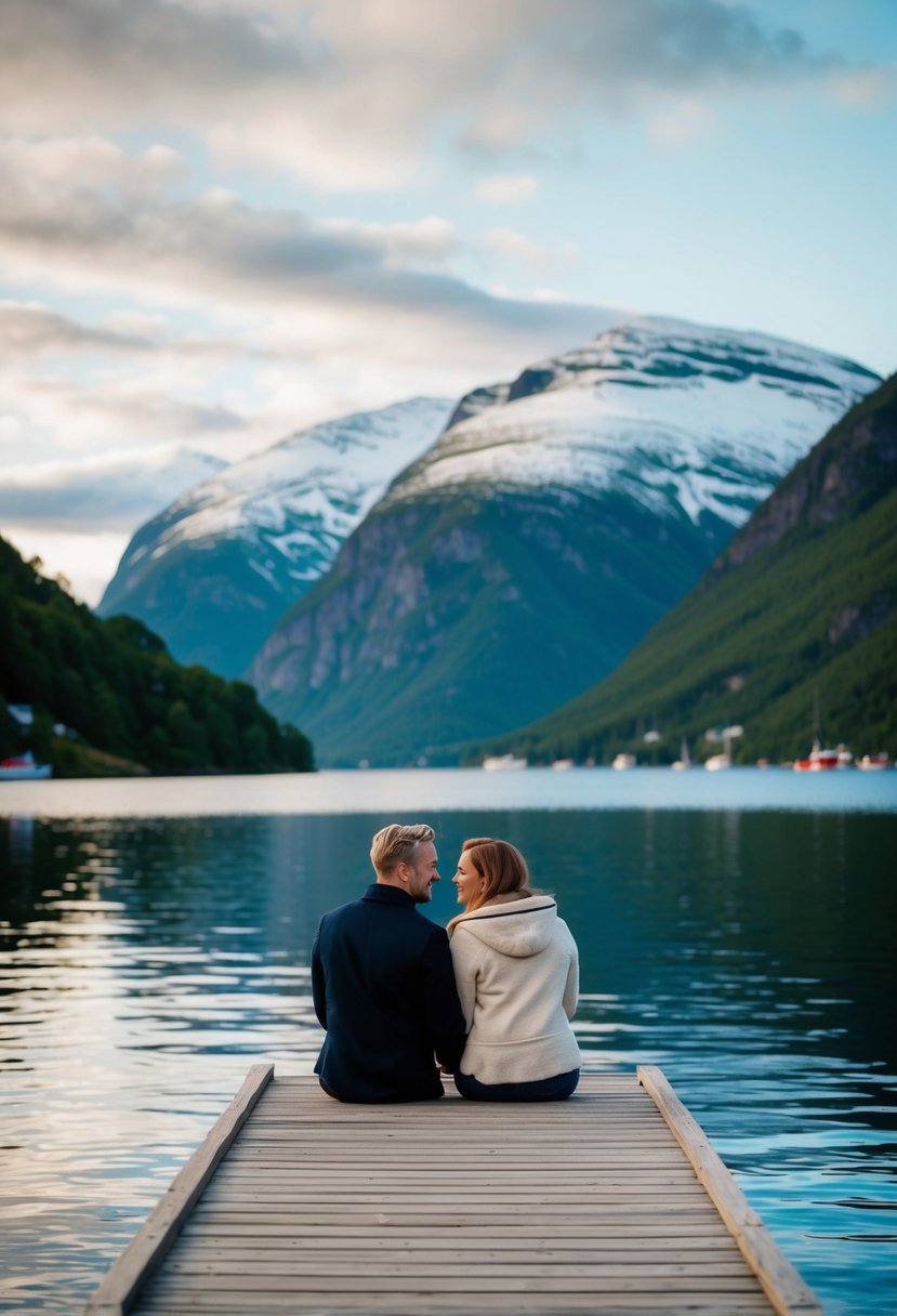 A couple sits on a wooden dock by a serene fjord, surrounded by lush greenery and snow-capped mountains in Oslo, Norway