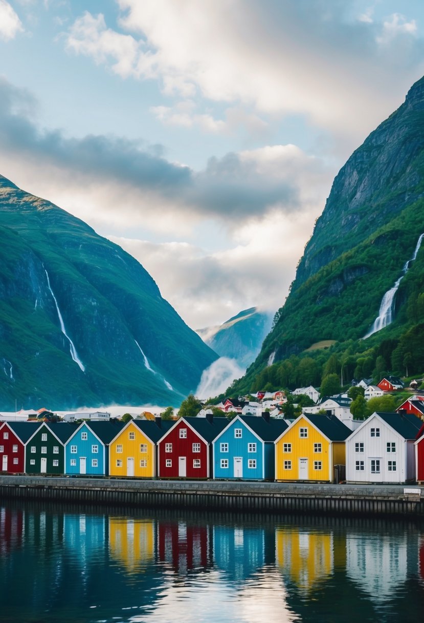 A serene fjord with lush green mountains, cascading waterfalls, and colorful traditional Norwegian houses lining the waterfront in Flåm, Norway