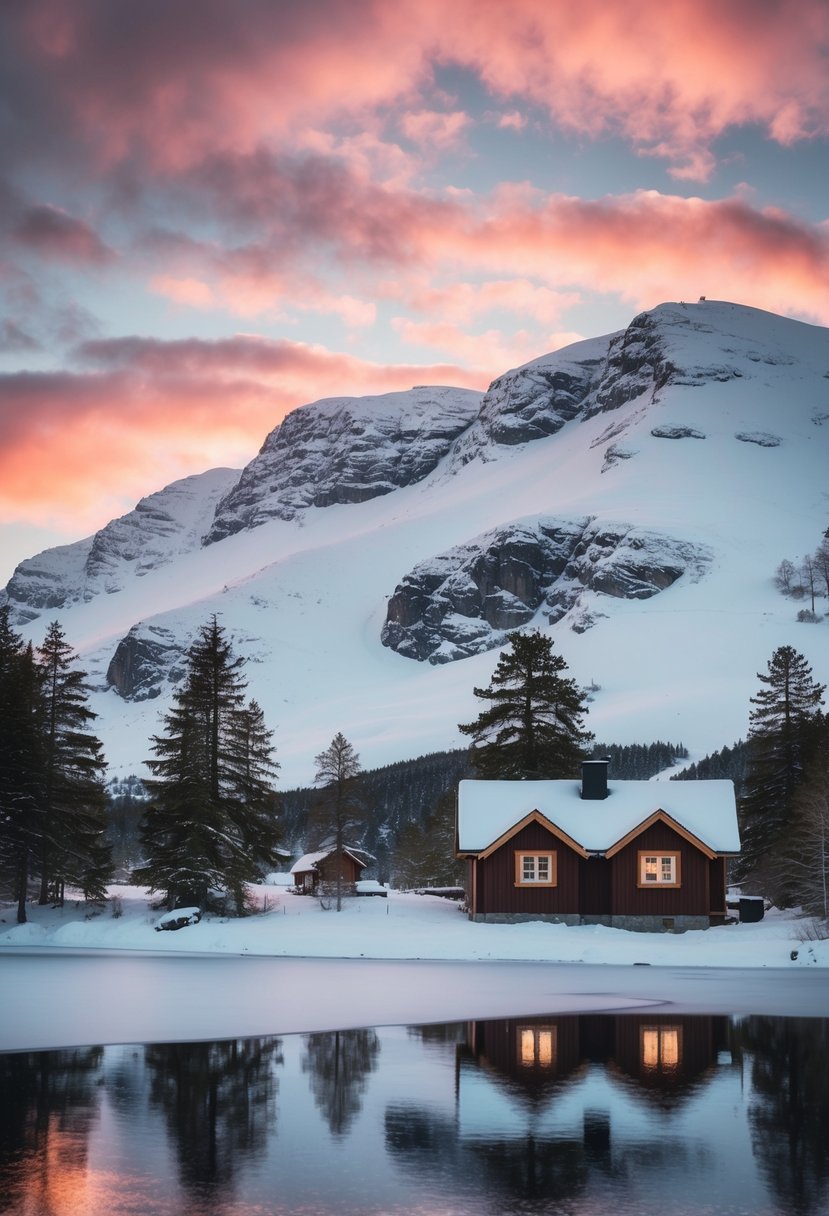 A cozy cabin nestled among snowy mountains and pine trees in Trondheim, Norway. A frozen lake reflects the pink and orange hues of a stunning sunset